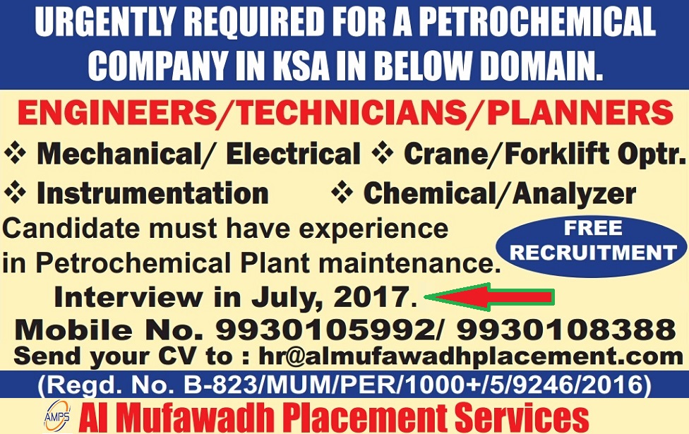 Urgently Required Candidates for Petrochemical Company in Saudi Arabia